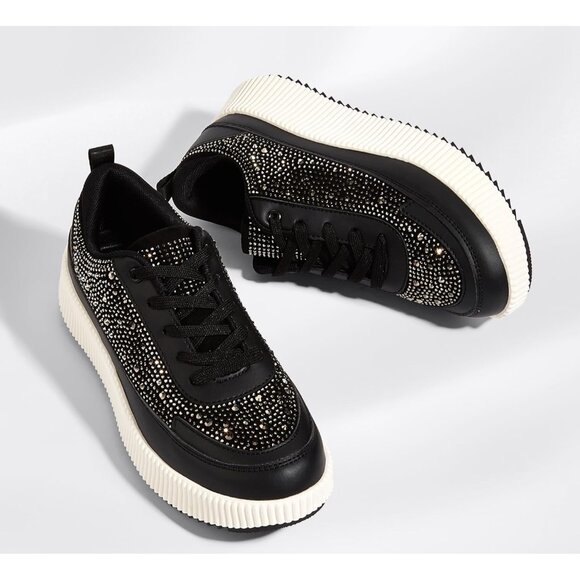Brand New Women Black Synthetic Rubber Rhinestone Platform Chunky Sneakers - Picture 5 of 9